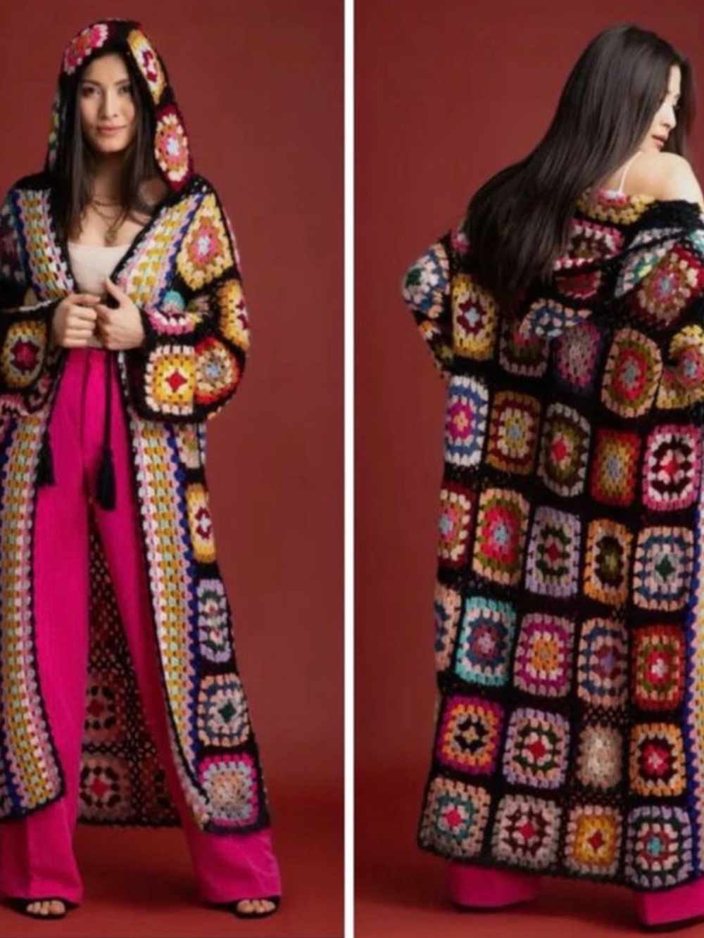 SAACHI Hand-Crocheted Multicolor Granny Square Duster Cardigan